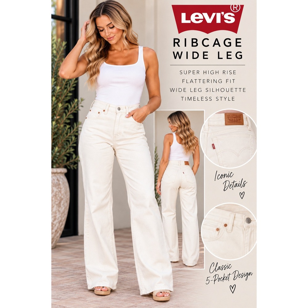 Levis Ribcage Wide Leg Jeans Super High Rise Ecru White Denim 25x32 NEW